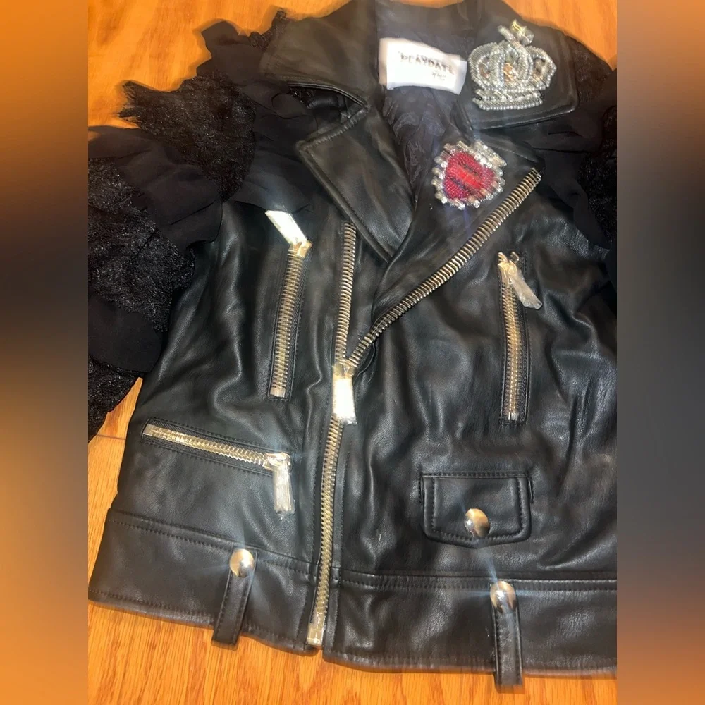 Girls Ruffle Sleeve Faux Leather Moto Jacket size 4T - Picture 4 of 10